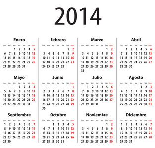 西班牙日历2014。星期一第一