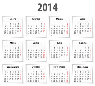 西班牙日历2014。星期一第一