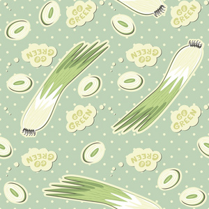 走绿色复古整韭菜和切片上圆点与无缝的蓝色背景图案