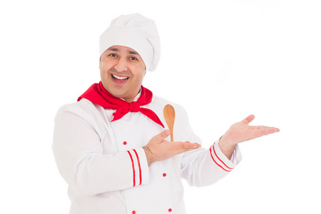 快乐的厨师展示身穿红色和白色制服的东西