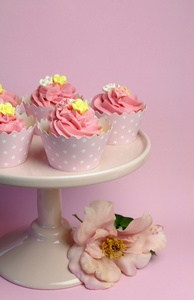 美丽粉色粉红色蛋糕上的装饰的蛋糕站为生日 婚礼或女性特别活动场合。粉红玫瑰花卉与垂直