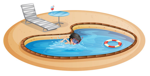 一个男孩与一个沙滩椅和表的游泳池游泳