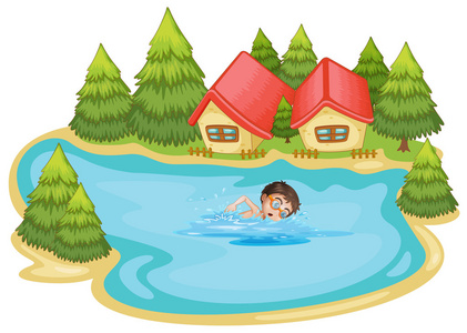 男孩在与松树河游泳