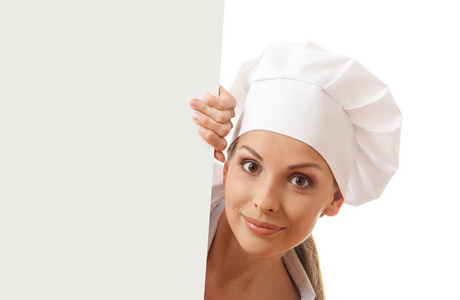 女厨师 面包师或厨师持白皮书标志