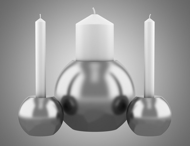 三个现代圆烛台上灰色 ba 孤立的蜡烛