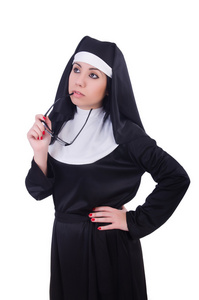 精神搞笑搞笑尼姑孤立在白色夏に自転車に乗る照片