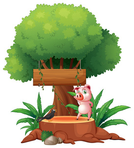 一只猪和一只鸟在木制招牌树桩上面