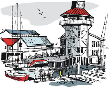 船码头与建筑物和行人的矢量插画