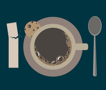 一杯咖啡 糖 勺子和 cookie 的矢量图像