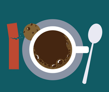 一杯咖啡 糖 勺子和 cookie 的矢量图像