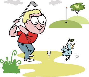 快乐的高尔夫球手摇摆俱乐部对高尔夫球场的矢量卡通