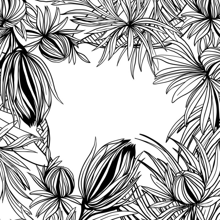矢量框架的抽象黑白色的花和叶子