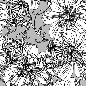 黑色和白色无缝模式的抽象花卉和饰品