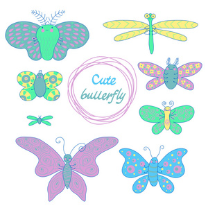 可爱的卡通风格设置的蝴蝶