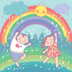 与快乐的孩子 彩虹 雨 阳光图