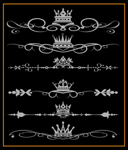 维多利亚时代的卷轴和皇冠。黑色背景上的装饰元素