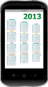 与日历 2013年在白色背景上的黑色智能手机