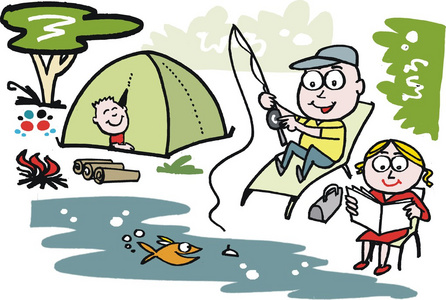 男子和妻子男子和妻子在公园户外露营的矢量卡通照片