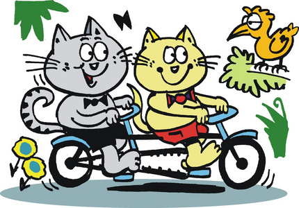 矢量卡通快乐猫骑在自行车上的