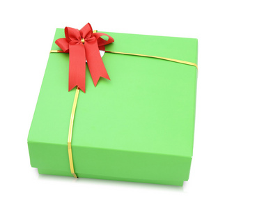 红丝带绿色礼品盒弓上孤立的白色背景