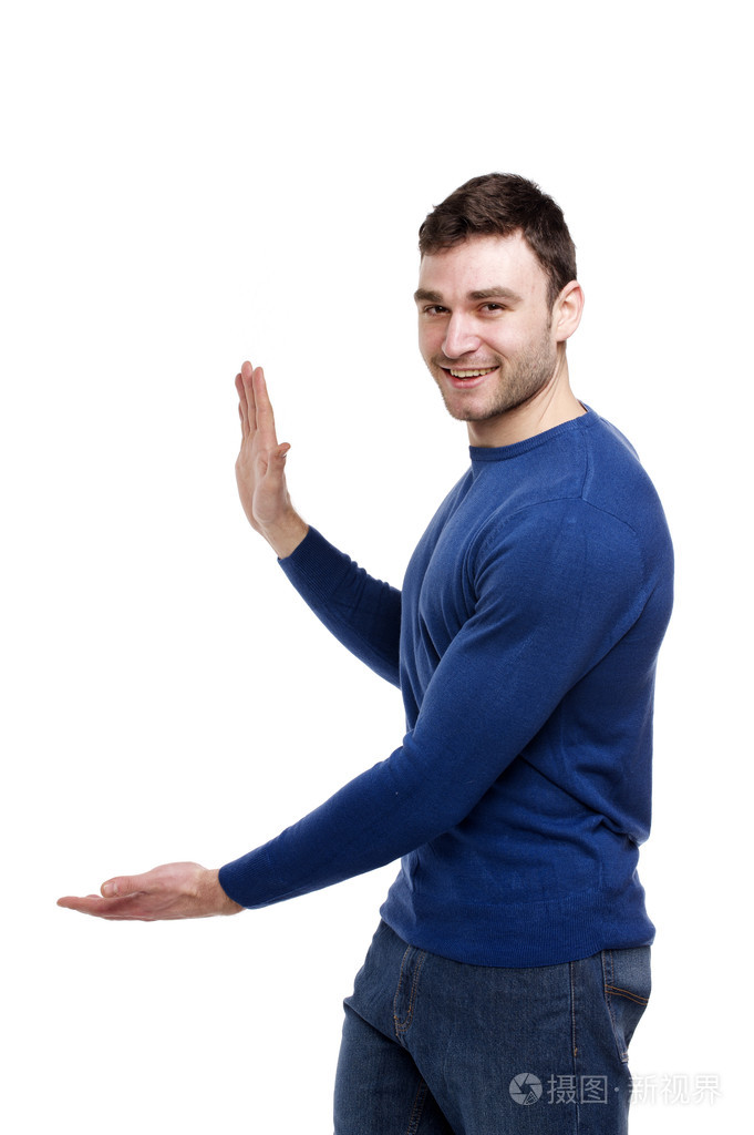 英俊的男人打手势到左边白色上孤立