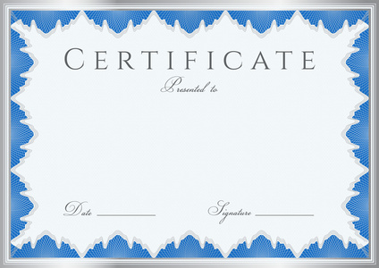 蓝完成 模板或样例背景 证书与 guilloche 模式 水印，边界。设计文凭 邀请 礼券 官员 票证或奖 冠