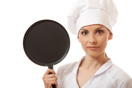 女厨师  厨师在白色的制服与潘