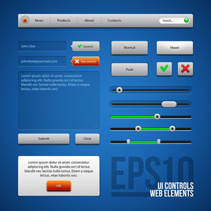 彩色的 ui 控件 web 元素，蓝色，灰色，红色，绿色 按钮 评论 滑块 消息框
