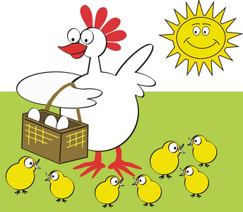 有关母鸡的插画快乐母鸡用篮子里的鸡蛋和鸡的矢量插画照片