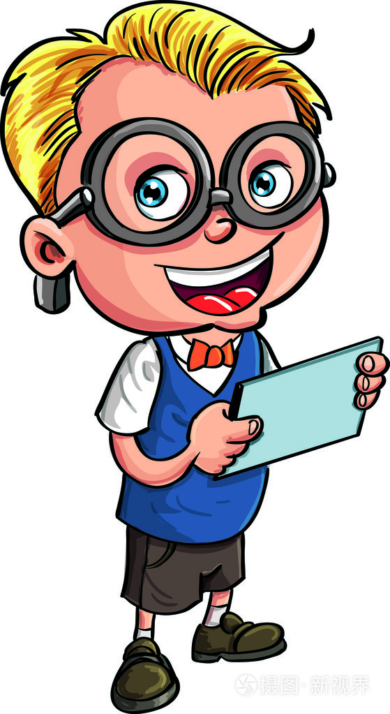 可爱卡通书呆子持有一台平板电脑