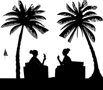在棕榈树下夏天喝鸡尾酒在海滩上的女孩 silhouettes