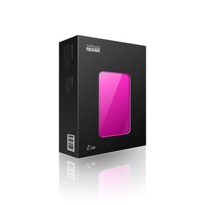 黑色现代软件包装盒与 dvd 或 cd 磁盘 eps10 紫紫洋红色窗口。