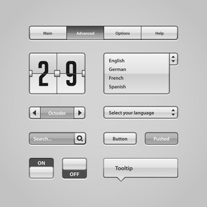 清洁光用户界面控件 4。web 元素。网站，软件用户界面 按钮，切换器 箭头 下拉 导航栏 菜单 工具提示 日期