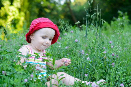 可爱的小女孩坐在绿色的原野