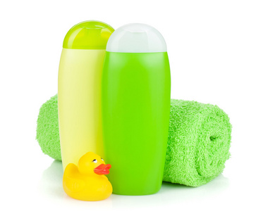 浴瓶 毛巾和橡胶鸭