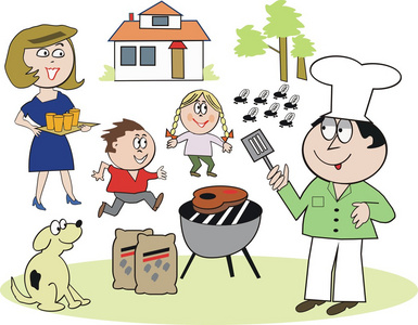 幸福的家庭享受户外烧烤矢量卡通