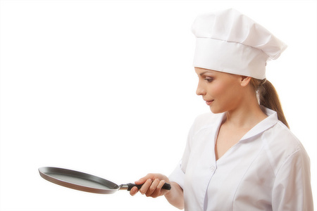 女厨师  厨师在白色的制服与潘