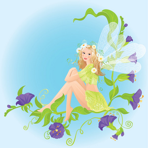 小可爱森林仙女坐在漂亮的野花