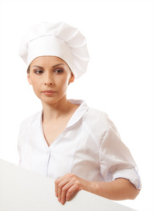 女厨师 面包师或厨师持白皮书标志