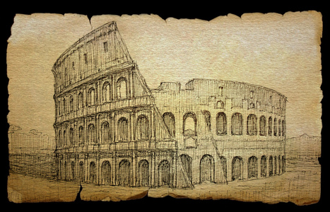 罗马竞技场由孤立在黑色的旧纸上的墨水绘