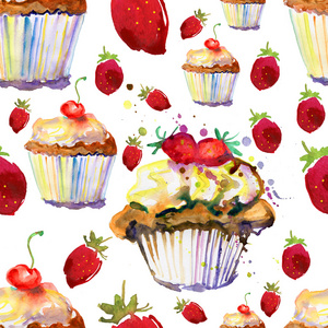 甜点草莓甜糕。水彩图案