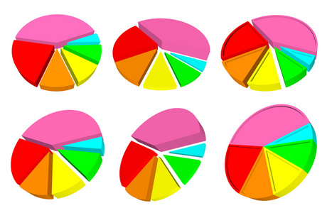 六个 3d 饼图与不同彩色段