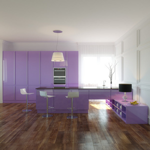 在新的内部与木制地板，白色墙壁的紫厨房