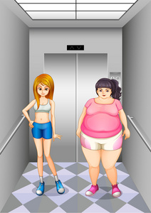 脂肪和电梯内的苗条女孩