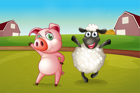 一只猪和一只羊在农场上跳舞