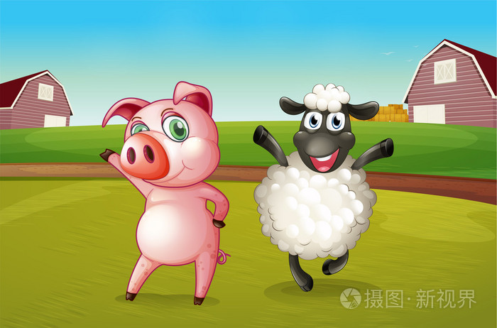 一只猪和一只羊在农场上跳舞