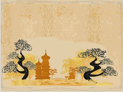 中国山水画-抽象的古代建筑照片