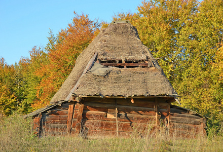 古代用稻草屋顶的小屋