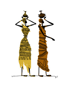 少数民族妇女与水罐的手绘制的素描