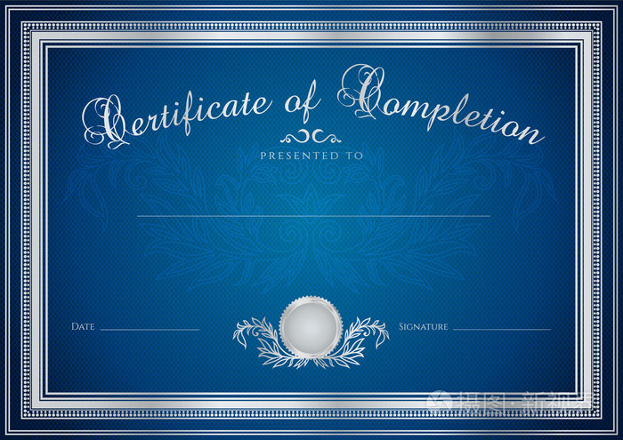 暗蓝色证书, 文凭完成样品背景设计模板) 与花卉图案 (水印) 边界.